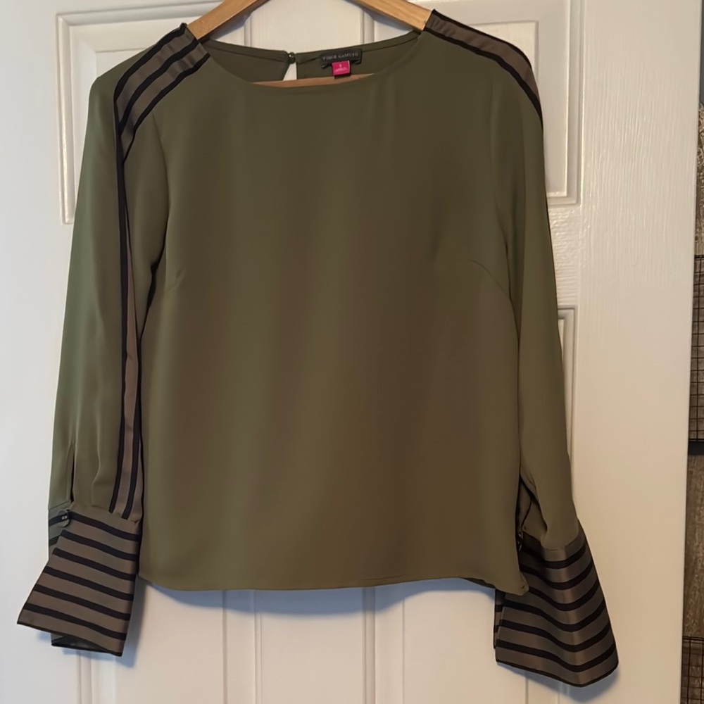 Olive Green Striped Sleeve Women's Top small